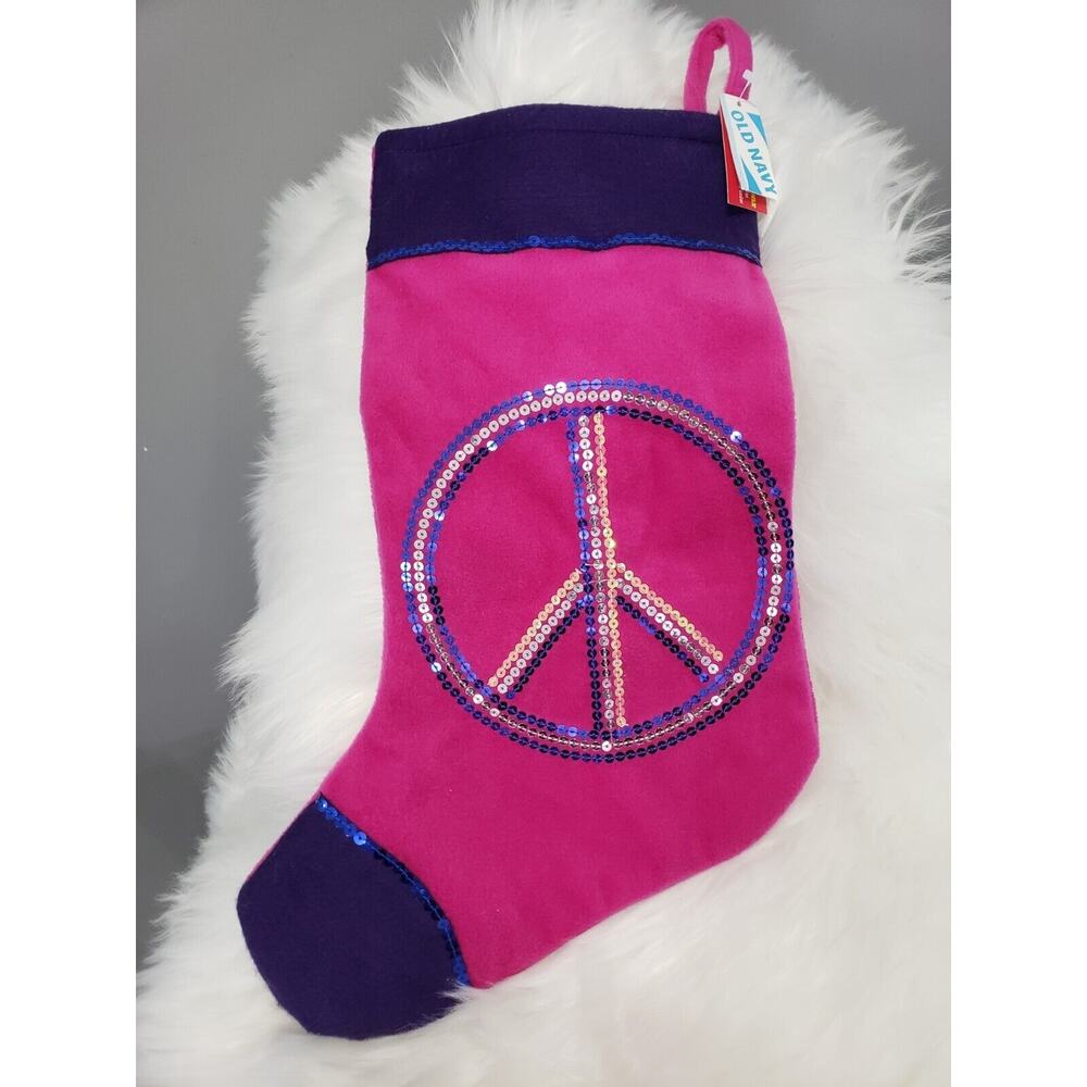 Vintage y2k 2000s OLD NAVY PINK‎ POLAR FLEECE CHRISTMAS STOCKING PEACE SIGN